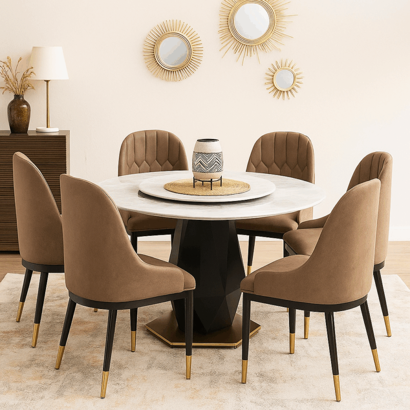 Lunara-Marble Dining Table + 6 Dining Chairs
